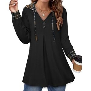 Lotusmile Hooded Tunic Hoodie Plaid Trim Long‎ Sleeve Casual Black Woman Medium